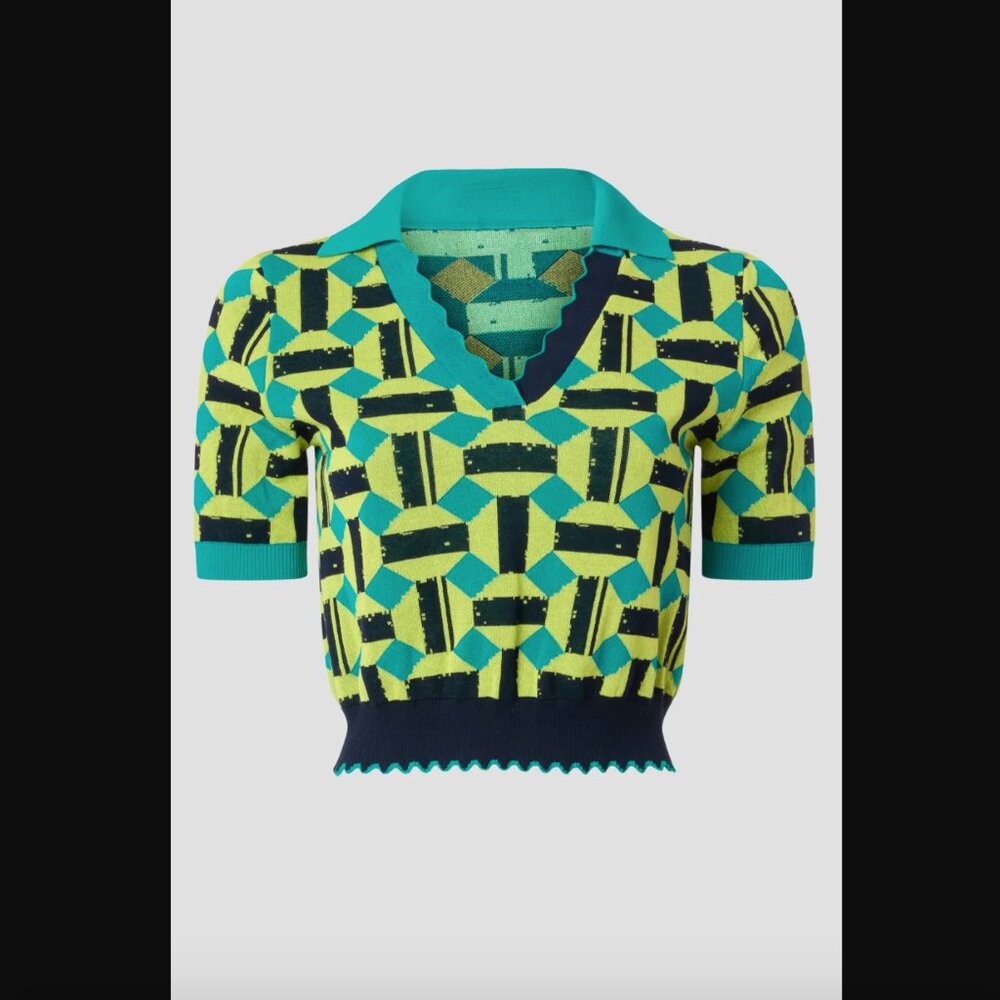 Diane von Furstenberg Green Blue Geometric Knit Polo Sweater Top Medium